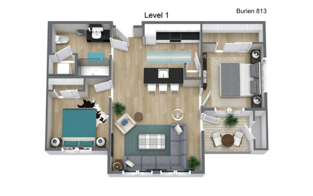 2 Bedroom, 1 Bath 813sf - 2 bedroom floorplan layout with 1 bathroom and 813 square feet