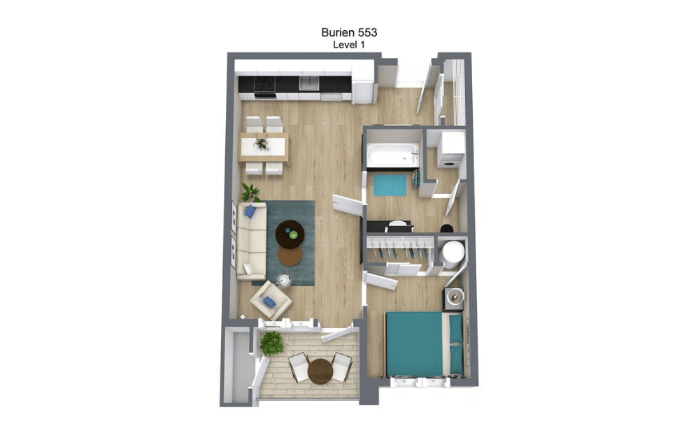 1 Bedroom, 1 Bath 553sf - 1 bedroom floorplan layout with 1 bathroom and 553 square feet