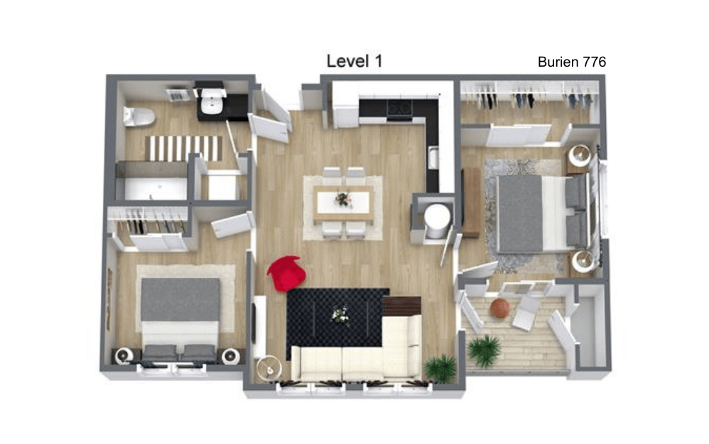 2 Bedroom, 1 Bath 776sf - 2 bedroom floorplan layout with 1 bathroom and 776 square feet