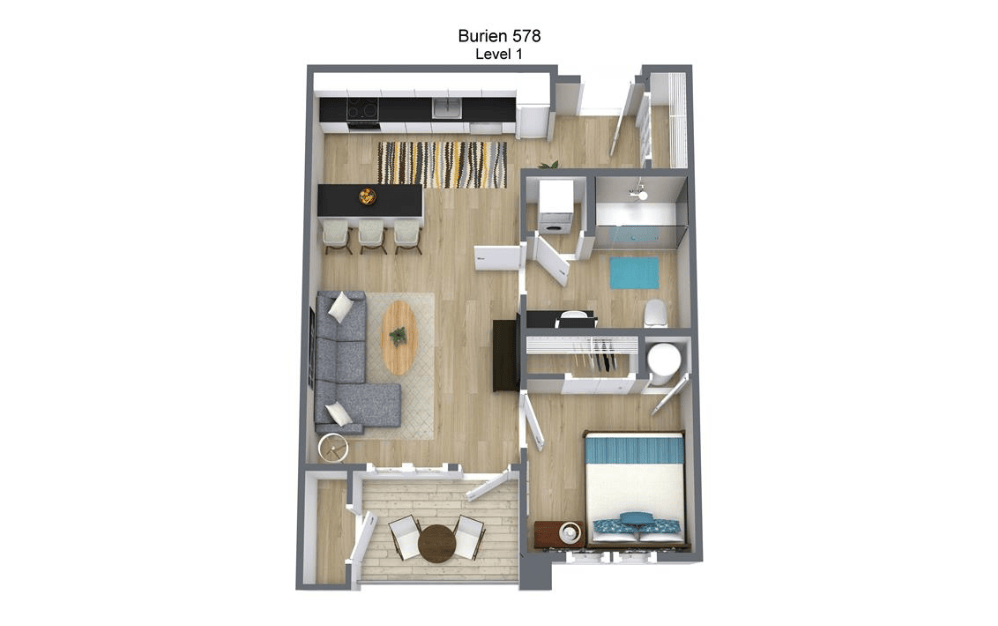 1 Bedroom, 1 Bath 578sf - 1 bedroom floorplan layout with 1 bathroom and 578 square feet